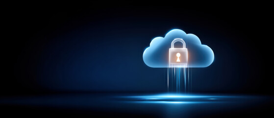 Glowing blue cloud with padlock represents secure technology and safe data protection