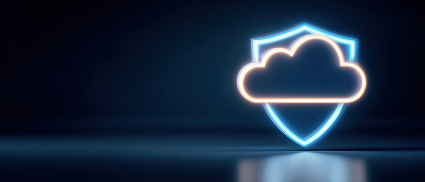 Neon glowing cloud security shield protecting digital data technology from cyber darkness - Powered by Adobe