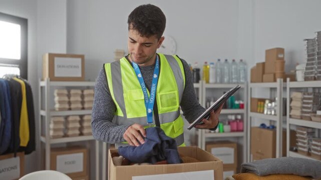 Man holds tablet when checking items in center where hispanic young volunteer catalogs donations and guy arranges clothes for local charity.