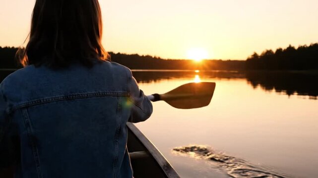 Peaceful Sunset Canoeing on a Calm Lake View from Behind