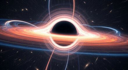 A cinematic visualization of a black hole with a glowing orange accretion disk and light warping effects in deep space