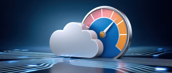 Fast cloud computing concept with high speed speedometer showing digital performance efficiency