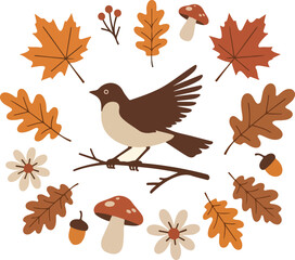 Obraz premium Flat Vector Autumn Illustration Set Featuring a Songbird on a Branch Surrounded by Oak Leaves Maple Leaves Mushrooms and Acorns