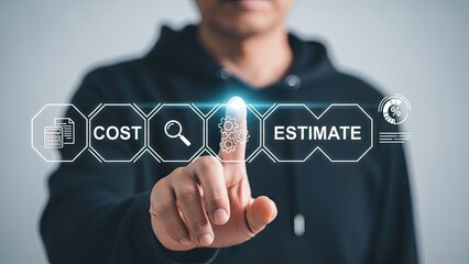 Businessman interacting with cost estimate interface on futuristic screen