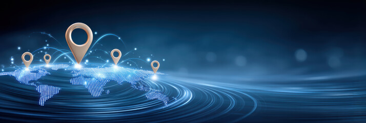 Futuristic global map with location pins glowing in digital cloud network