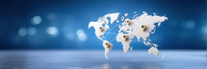 Abstract world map with cloud network showing global location pins for business connection