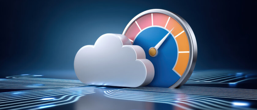 Fast cloud computing concept with high speed speedometer showing digital performance efficiency - Powered by Adobe