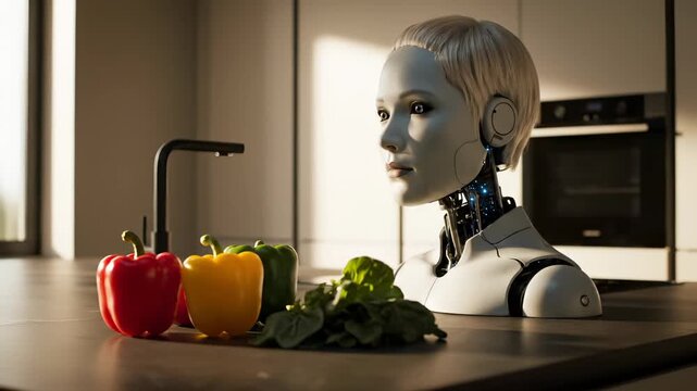 Humanoid robot sits in kitchen with fresh vegetables. AI android observes peppers and spinach on counter. Robot technology in kitchen. Android with vegetables. Future AI cooking assistant.