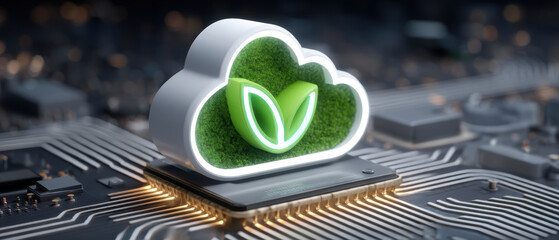 Green leaf inside white cloud on computer chip symbolizes eco sustainable technology innovation