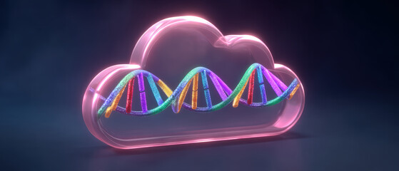 Futuristic glass cloud holds colorful DNA helix symbolizing advanced genetic storage
