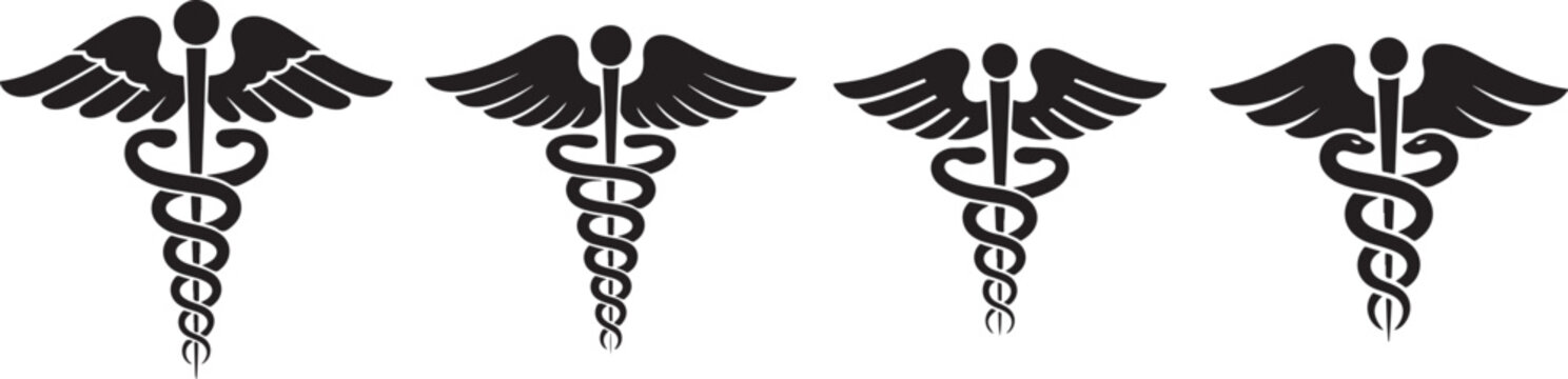 Set of Caduceus Silhouette Vector Illustration, Black and White Medical Symbol