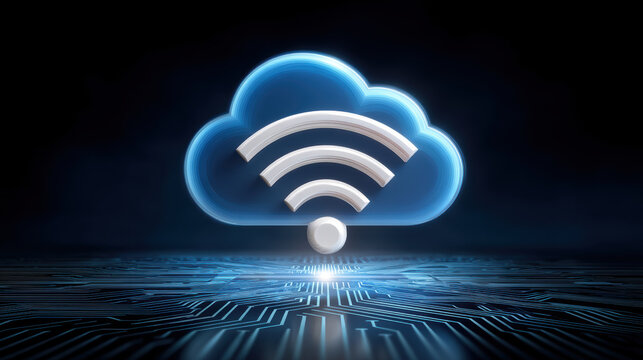 Futuristic blue cloud technology icon with wireless internet connection for digital data network - Powered by Adobe