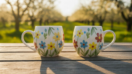A pair of white mugs with painted flowers on a rustic outdoor table. A blurred background of a sunny spring garden with blooming trees.