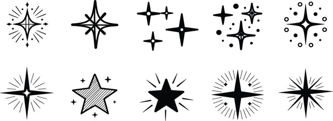 Set of hand drawn black sparkle icons and glowing star symbols with magic twinkle effect vector © Al