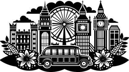 Very beautiful illustrated composition featuring iconic London symbols including Big Ben, red double-decker buses, and classic phone booths, representing British culture and urban identity.