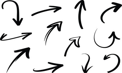 Obraz premium Set of hand drawn black marker arrow icons with various pointer directions and textured doodle style