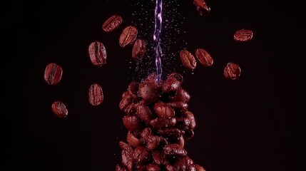 Close-up of freshly roasted coffee beans falling