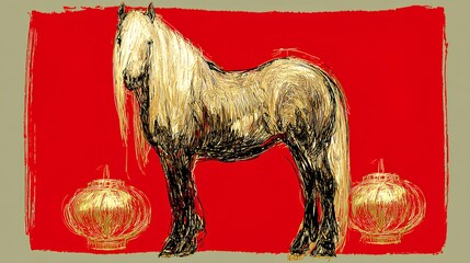 Simple stroke of golden horse illustration silhouette on red background, of Chinese new year, year of the horse