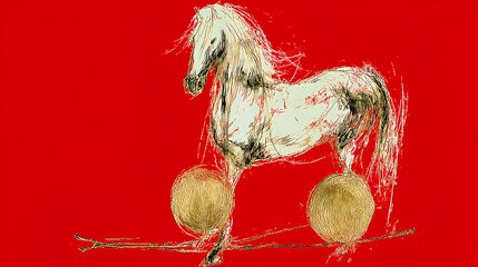 Simple stroke of golden horse illustration silhouette on red background, of Chinese new year, year of the horse