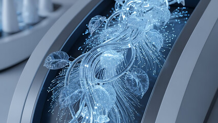 Futuristic bioluminescent organic interface with glowing fiber-optic veins inside laboratory device