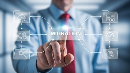 Businessman interacting with migration technology interface
