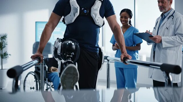 Patient walks with exoskeleton on parallel bars while doctor monitors therapy. Nurse assists patient using exoskeleton device. Doctor checks rehabilitation progress. Patient exercises with medical tea