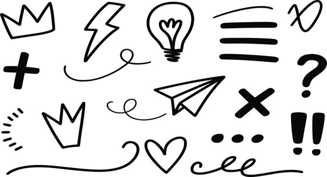 Set of hand drawn black doodle icons with various symbols like crown, lightbulb, heart and paper plane