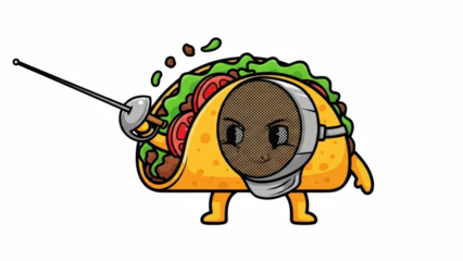 A fierce taco warrior with a determined expression wields a rapier on transparent background