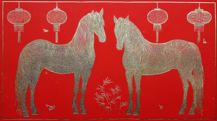 Simple stroke of golden horse illustration silhouette on red background, of Chinese new year, year of the horse