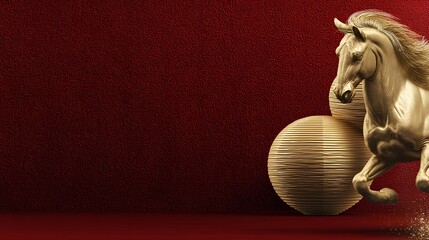 Simple stroke of golden horse illustration silhouette on red background, of Chinese new year, year of the horse