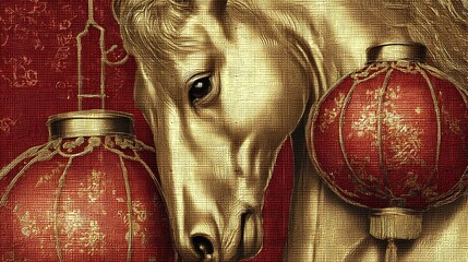 Simple stroke of golden horse illustration silhouette on red background, of Chinese new year, year of the horse