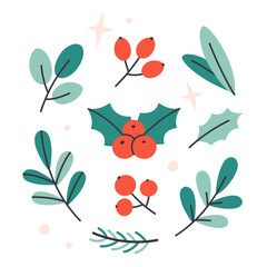 Cute hand drawn winter berries and leaves. Festive Christmas decorations. Vector illustration in flat style