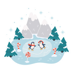 Two penguins skating. Cute north animals having fun on snowy winter scenery. Merry Christmas. Flat vector illustration