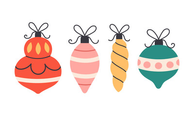 Cute gentle hand drawn Christmas tree toys. Festive decorations on winter holidays. Flat vector illustration