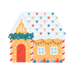 Cute house with festive sweets Christmas decorations and with snow on the roof. Christmas candy shop. Confectionary store. Flat vector illustration
