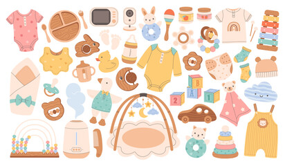Baby care items. Newborn accessories set.  Supplies for feeding and caring for newborns and infants. Flat vector illustration