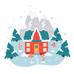 Cute house with festive Christmas decorations. Winter village landscape with fir trees and mountains. Merry Christmas. Flat vector illustration