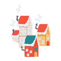 Cute houses with festive Christmas decorations. Village fairytale houses with snow on the roofs. Christmas elements. Flat vector illustration