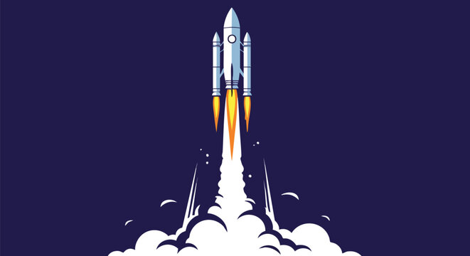 A powerful spacecraft ascends into the dark cosmos, propelled by fiery exhaust and billowing clouds of smoke.