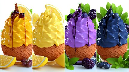 Set of colorful and vibrant waffle ice cream cones