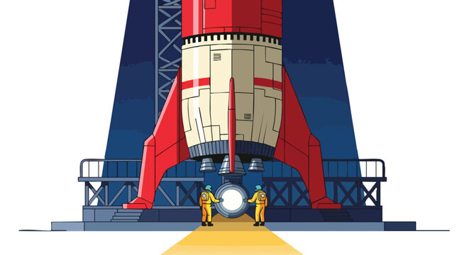 Two astronauts in protective suits stand at the base of a massive red rocket poised for launch on a platform.