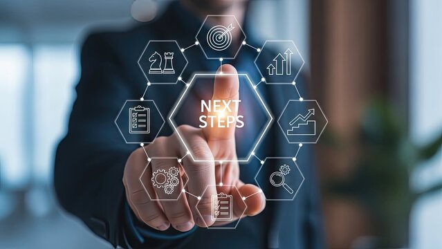 Businessman planning next steps with strategy icons