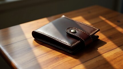 Handcrafted Brown Leather Wallet with Snap Closure on Wooden Table in Sunlight
