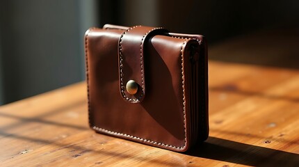 Vintage brown leather wallet with snap button on rustic wooden table, minimalist design for men&rsquo;s fashion and travel