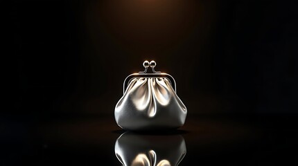 Elegant Silver Coin Purse with Clasp on Black Reflective Background Dramatic Lighting