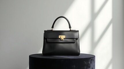 Elegant Black Leather Handbag with Gold Clasp on Pedestal in Minimalist Style