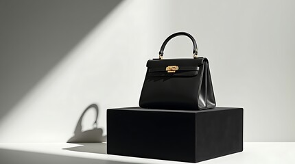 Elegant Black Leather Handbag with Gold Hardware on Black Pedestal Studio Shot