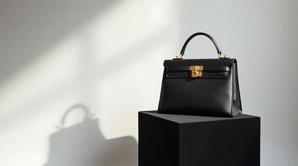 Elegant Black Leather Luxury Handbag on Black Podium, Premium Women Fashion Accessory