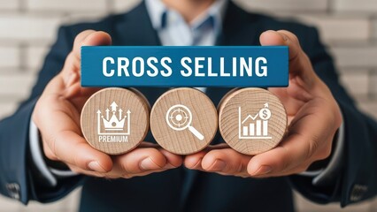 Businessman presenting cross selling strategy with wooden blocks