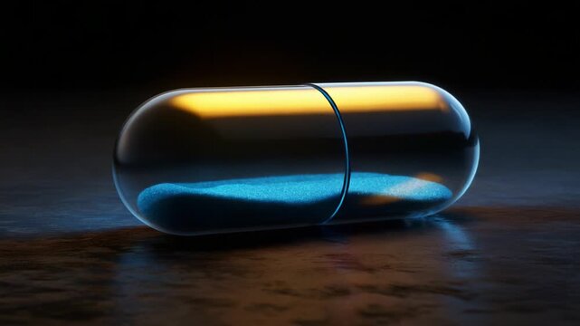 A visually striking capsule illuminated with a soft blue glow sits on a textured surface, symbolizing modern pharmaceutical advancements and the quest for health and wellness.